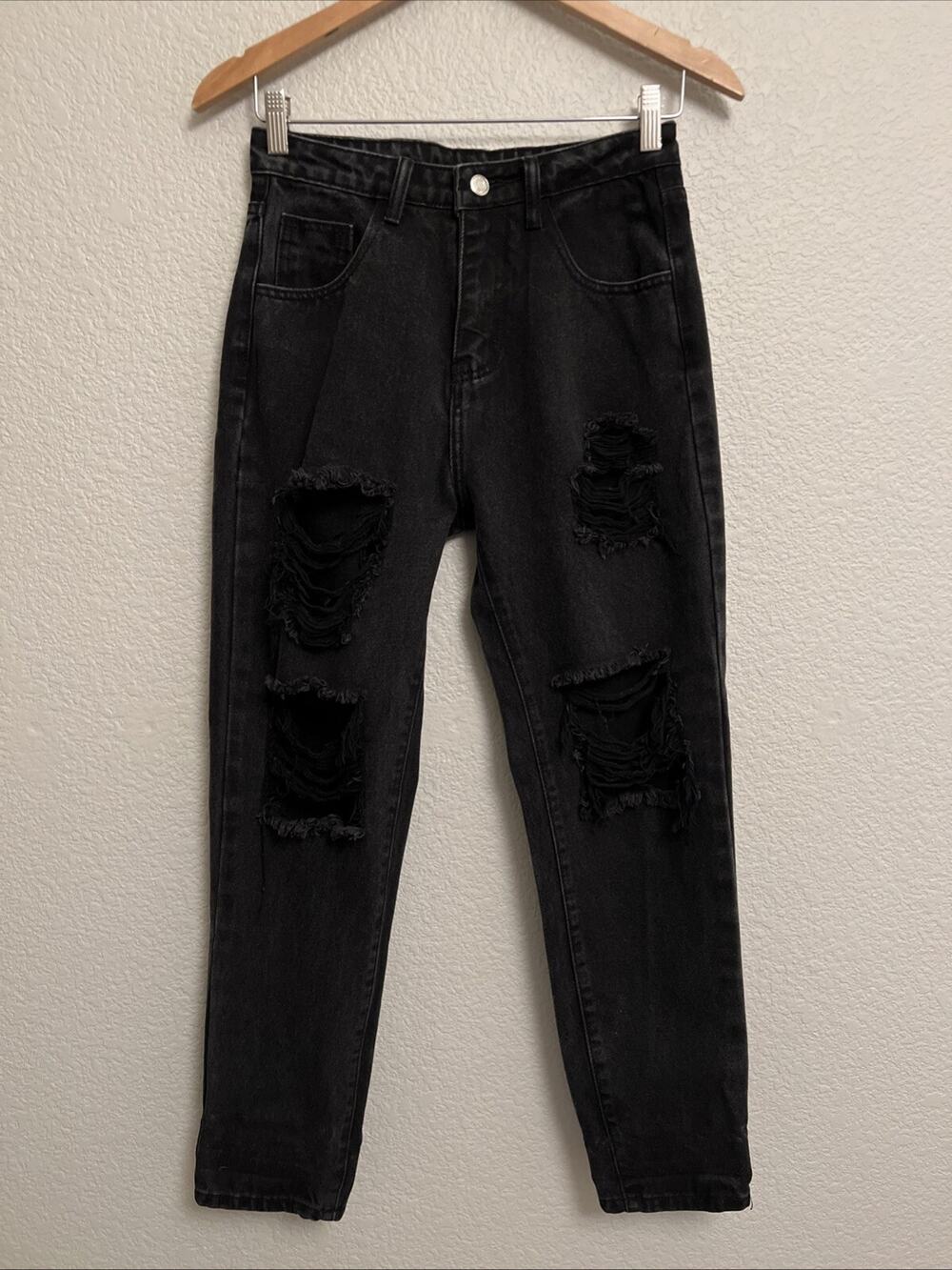 Shein Destroyed Black Jeans High Waisted Grunge Whimsigoth Distressed 26X27 XS
